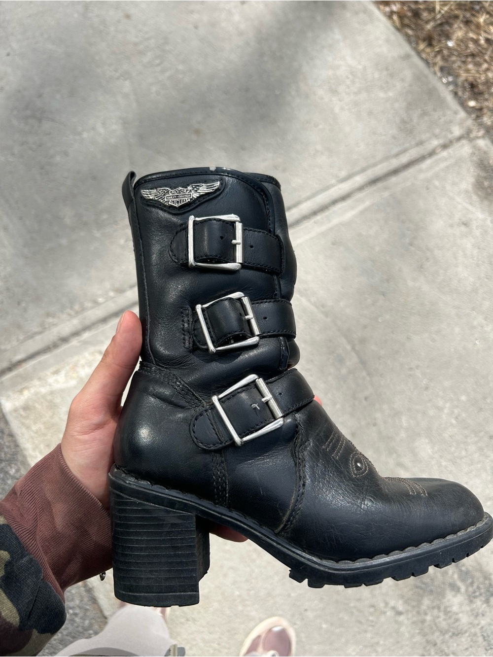 Black Harley Davidson Leather Buckle Heeled Ankle Boots